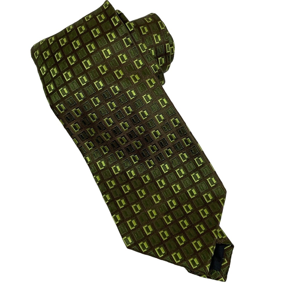 Boss Hugo Boss Necktie Brown Green‎ Geometric Italy 100% Silk